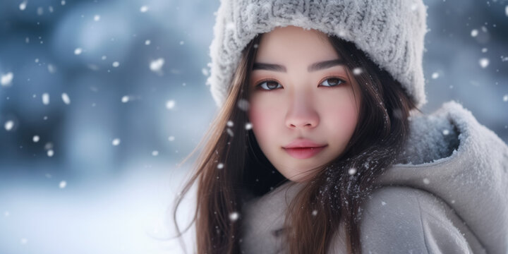 Beautiful asian woman in winter clothes smiling with snow background.