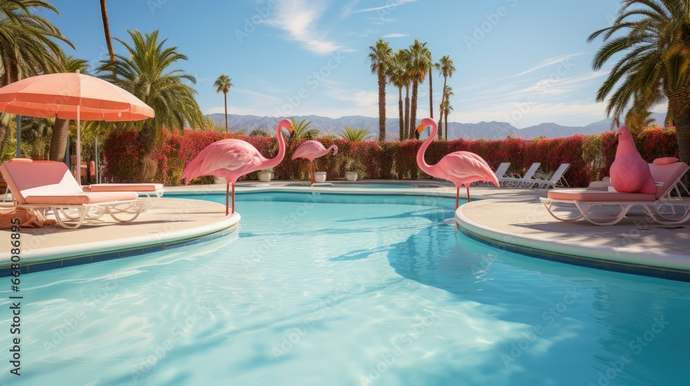 Poster pink flamingo and swan floatie in palm springs pool