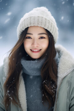 Beautiful asian woman in winter clothes smiling with snow background.