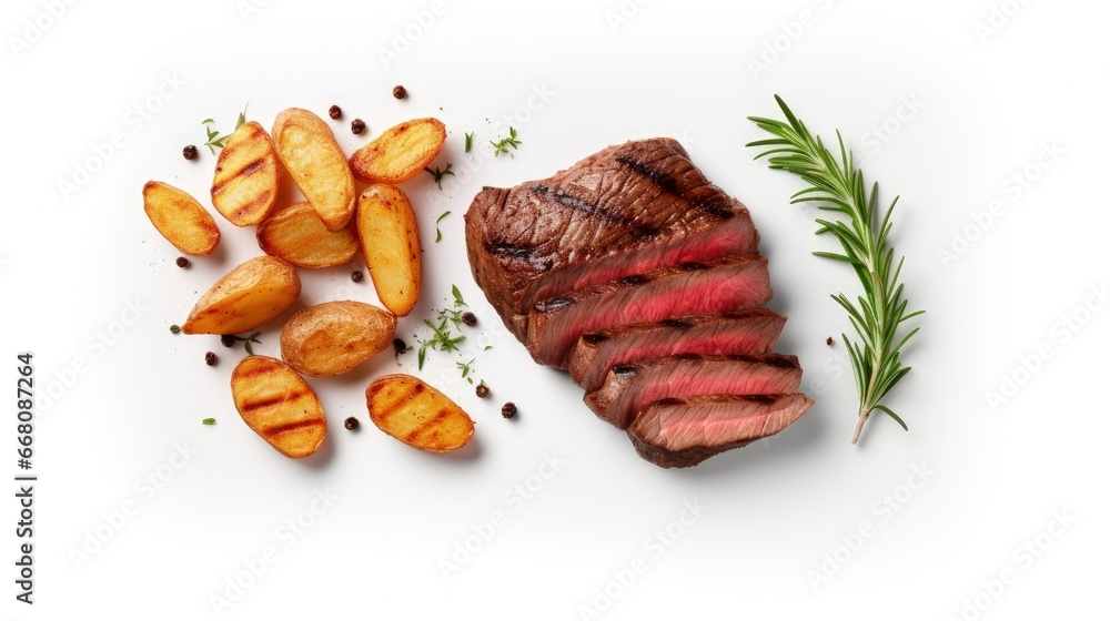 Poster top view of isolated grilled beef steak and potatoes on white background