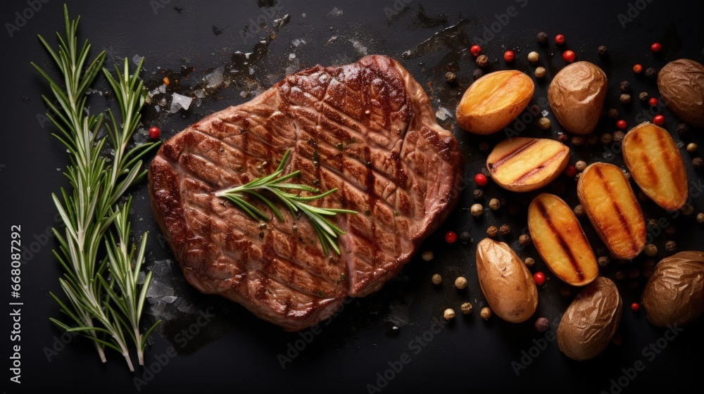 Poster top view of isolated grilled beef steak and potatoes on white background