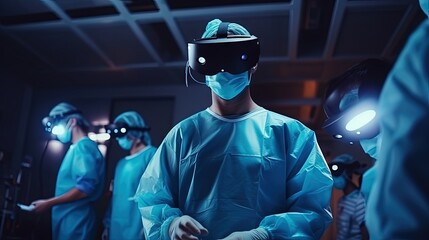 Surgeons in high tech operating room wearing holographic Hololens glasses performing surgery