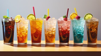 Summary of to go cold beverages in cups - obrazy, fototapety, plakaty