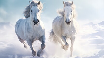 Two horses of pure white galloping together on bright backdrop