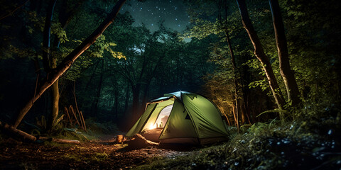 Alone tent standing in wood for night, Night in the Wilderness: Standalone Tent in the Woods"