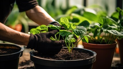 Worker in a plant store mixing soil in a plastic container wearing black gloves Emphasizes cultivation and care for indoor potted plants