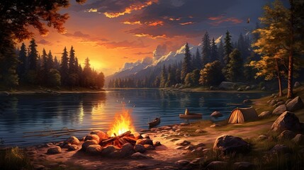 Picturesque campfire at twilight in the woods - obrazy, fototapety, plakaty