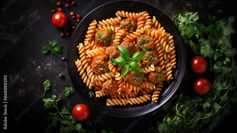 Poster top view of fusilli pasta with meatballs in tomato vegetable sauce garnished with herbs and grated c