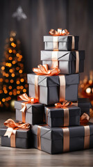 Gift boxes and Christmas tree on wooden table against blurred lights background.
