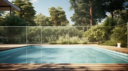 Private home garden featuring a pool secured with mesh fencing