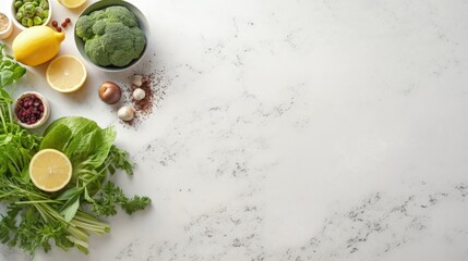 Fototapeta na wymiar Vegetarian concept Fresh plant based food on marble countertop top view copy space