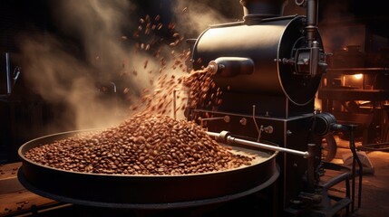 Transferring hot coffee beans from roasting drum to cooling hull of roastery machine