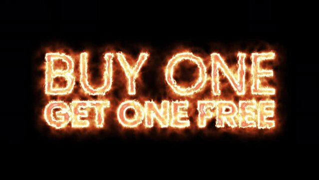 buy one get one free fire animation text. Fire Burning text promo animation. 4K motion animation.