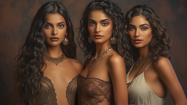 Portrait of three Indian fasion models on a dark brown background
