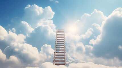 Wooden ladder reaching towards sky symbolizing success