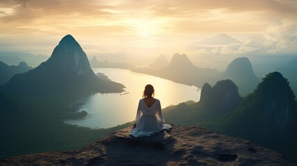 Woman in white dress admires mountain at Sametnangshe Island viewpoint Thailand - obrazy, fototapety, plakaty