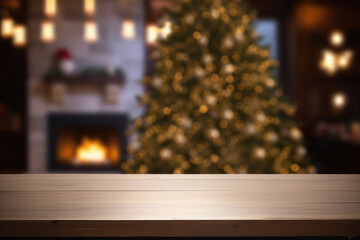 Fototapeta na wymiar Wooden table in front of blurred christmas tree and fireplace background.