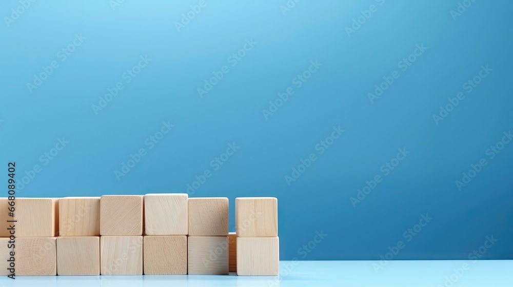 Poster wooden cubes on blue table with space for text representing business mission core values and solutio