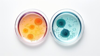 Top view of a liquid filled petri dish isolated on a white background representing a scientific laboratory concept for cosmetics or medicine - obrazy, fototapety, plakaty