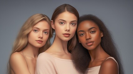 Three fashion models of different ethnicities in a glamour shoot