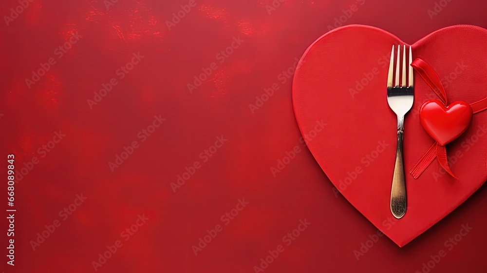 Poster Valentine s Day themed table setting with heart on fork Copy space available