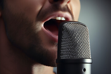Close-up eines männlichen Mundes, der in ein Mikrofon singt, erstellt mit generativer KI - obrazy, fototapety, plakaty
