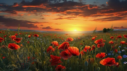 Sunny field with colorful flowers under the setting sun