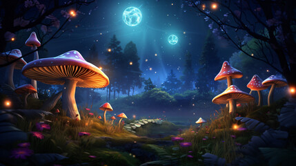 Fototapeta na wymiar The night wallpaper features the mushroom moon stars