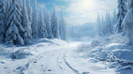 Scenic winter road through mountain forest Gorgeous snow landscape