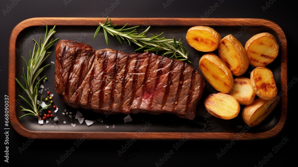 Poster top view of isolated grilled beef steak and potatoes on white background