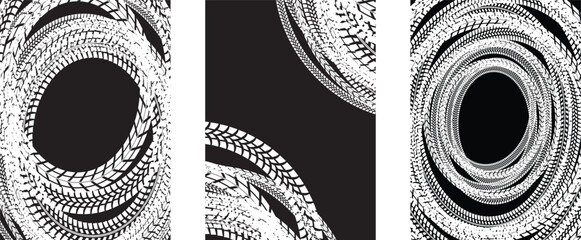 Tire track pattern. Grange tread marks .Grunge textured vector car tread . Car trails pattern texture. Tyre track  texture. Wheel tire tread track background - obrazy, fototapety, plakaty