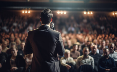 Rear view of motivational speaker standing on stage in front of audience for motivation speech.