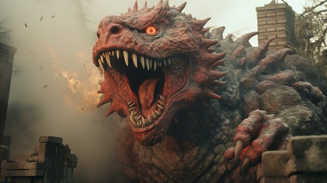 Giant kaiju monster roaring and attacking close-up scene