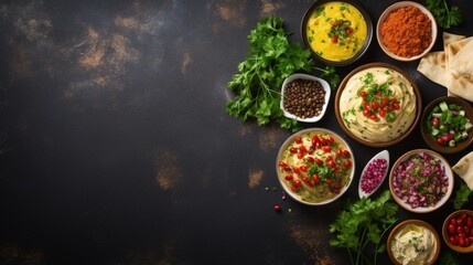 Rustic background with Middle Eastern meze dishes including Fattoush salad tabbouleh hummus olives pita bread Halal Lebanese cuisine - obrazy, fototapety, plakaty
