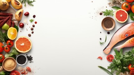 Top view of a table with a variety of fresh nutritious food representing a healthy diet and lifestyle - obrazy, fototapety, plakaty