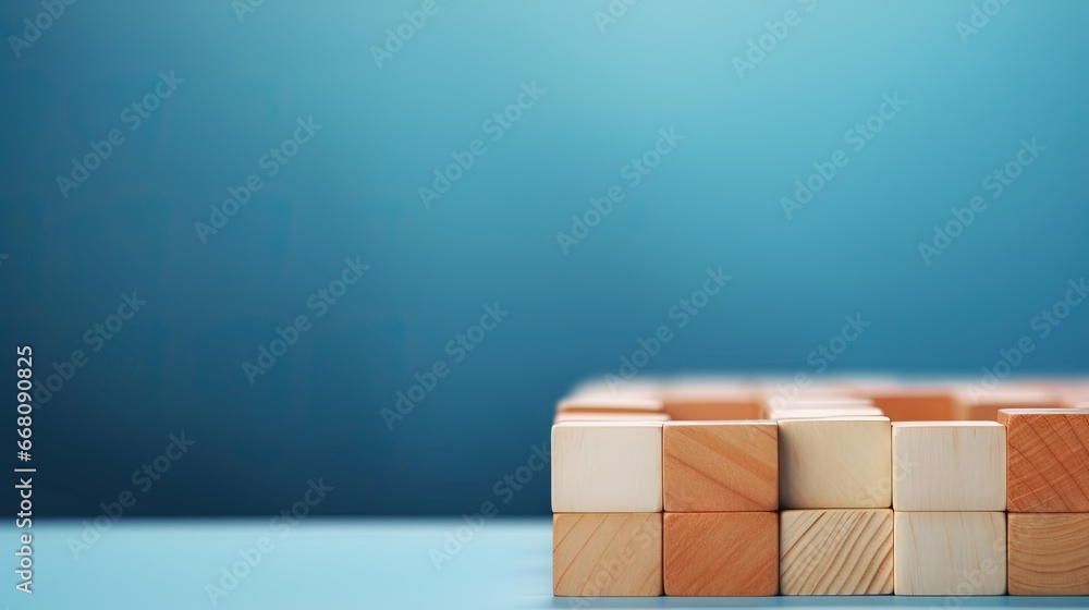 Poster wooden cubes on blue table with space for text representing business mission core values and solutio