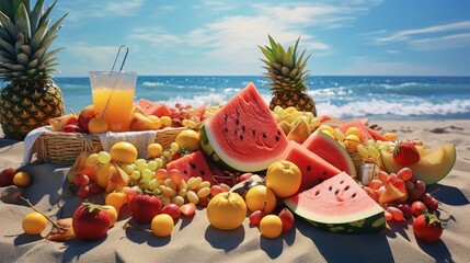 Picnic on the beach with various types of fruit and lemonade