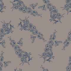 Seamless vector botanical pattern with a hand-drawn delphinium flower with a bee in the linart style on a beige gray background