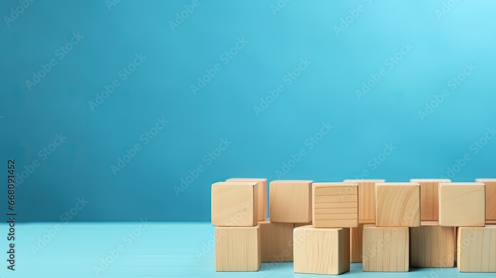 Poster wooden cubes on blue table with space for text representing business mission core values and solutio