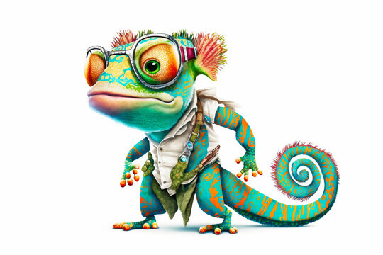 Cute fashion chameleon. Cute little dragon illustration for wall interior poster, card or picture for the children's room