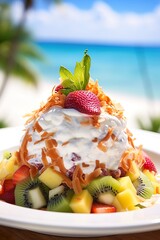Tropical Fruit Salad with Coconut Cream , Close-Up Shot, Light White Beach Caribbean Background