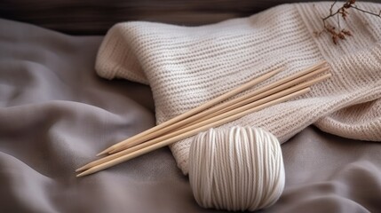 Fototapeta na wymiar Woman s knitting hobby beige yarn and needles