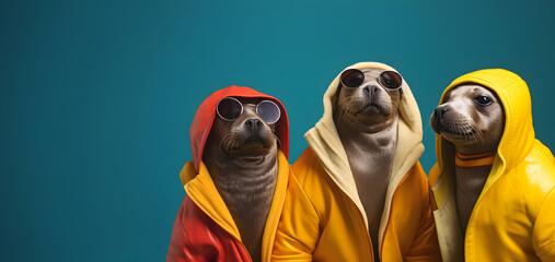Fototapeta premium Creative animal concept. Seal Sealion in a group, vibrant bright fashionable outfits isolated on solid background advertisement, copy space. birthday party invite invitation banner 