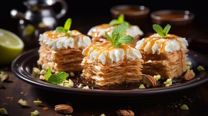 Freshly baled baklava with whipped cream and caramel topping. Pahlava cake in plate on wooden table background. AI generated