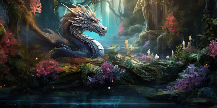 Beautiful mystical forest dragon with diverse patterns and shades created with Magical Encounters Journey into the Realm of the Forest Dragon's Beauty.AI Generative