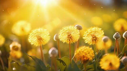 Soft focused macro image of vibrant yellow dandelion flowers in sunny meadows during warm seasons showcasing the dreamy artistic beauty of nature