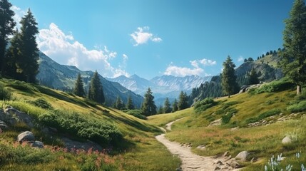 Summer mountain panorama with a forested path under a blue sky