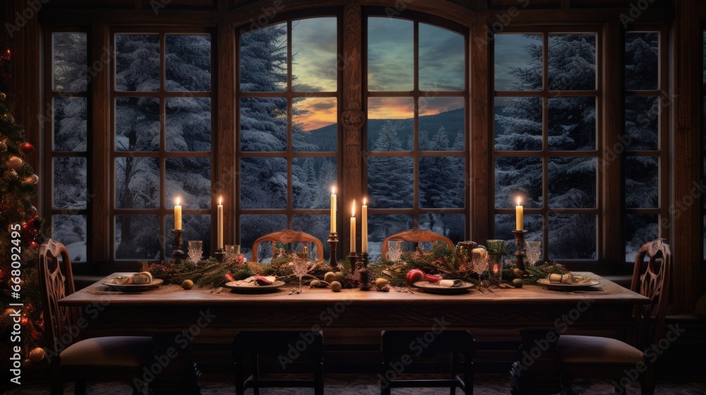 Poster retro styled country house with large windows hosting christmas dinner on a square wooden table even