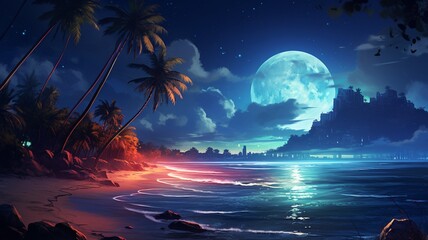 Beautiful night beach painting ocean photography image Ai generated art