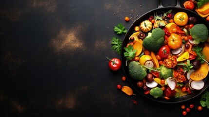 Vegetarian preparation of autumn harvest with copper pan on dark backdrop - obrazy, fototapety, plakaty